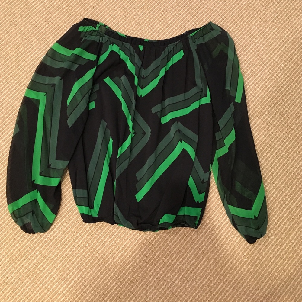 Alice + Olivia Black and Green Off-Shoulder Geometric Blouse